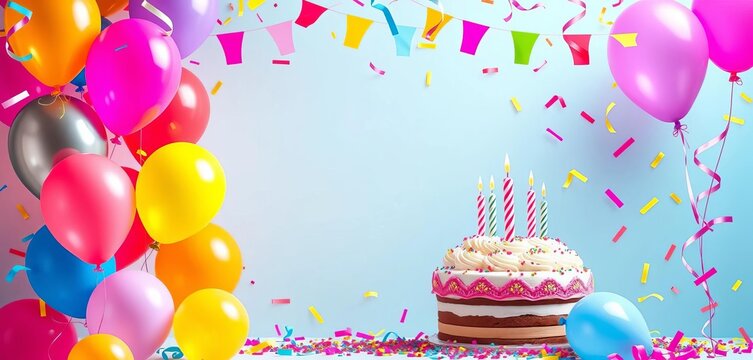 Vibrant birthday frame with balloons, cake, confetti Perfect for cards & invitations,  photo frame,  vector