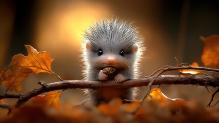 Fototapeta premium Baby porcupine chews twig on soft grass, warm brown-beige background, natural and cozy.