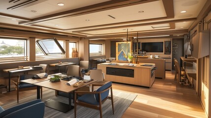 Luxurious interior of a cruise ship's dining and lounge area.  Modern, stylish, and comfortable seating and dining arrangements. Large windows offer views.  Natural light floods the space