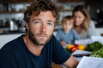 A serious-looking man studies documents on a table while a child and a woman are softly blurred in the background, indicating a blend of family life and personal responsibilities.