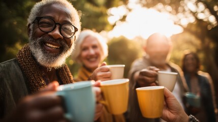 Diverse Group of Seniors Enjoying Coffee Outdoors in Golden Light, Representing Community and Active Retirement Lifestyle : Generative AI