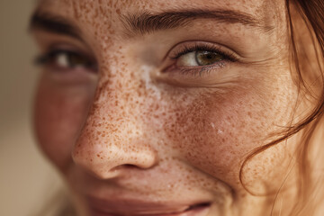 Obraz premium Close up photography of a freckled woman smiling