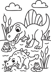 Cute Cartoon Dinosaurs in Prehistoric Landscape for Coloring Book