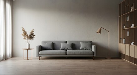 Living Room Interior with Gray Couch and Wood Floor