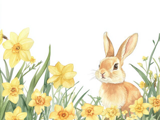 Fototapeta premium Spring Bunny Amidst Daffodils: A charming bunny sits peacefully amidst a vibrant field of daffodils, evoking feelings of joy and renewal.