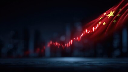 Chinese Flag Overlayed On A Red Stock Market Chart With A Dark Cityscape Background Representing Economic Uncertainty