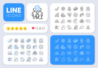Settings gear, Globe and Phone insurance line icons for web app. Message, Share, Like social media icons. Pack of Brush, Inclusion, Engineering team pictogram icons. Vector
