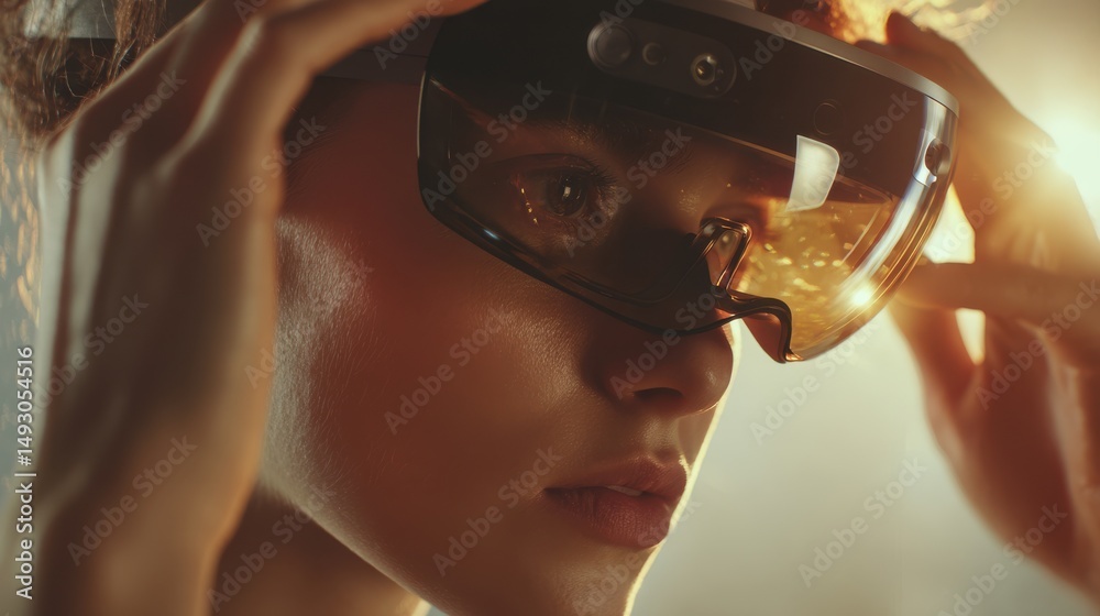 Aufkleber Woman Adjusting Augmented Reality Headset in Warm Light, Representing Innovation and Digital Transformation in Technology : Generative AI