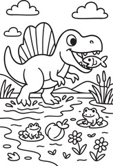 Naklejka premium Cute Cartoon Dinosaurs in Prehistoric Landscape for Coloring Book