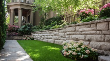 Naklejka premium A stunning image of landscaping with retaining walls and flowerbeds in residential house backyard.