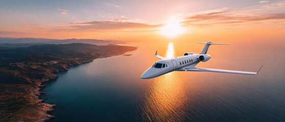 A private jet flies over a coastal landscape at sunset, with the sun reflecting on the calm ocean below.