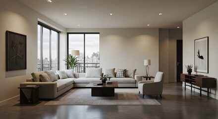 Fototapeta premium Living Room Interior with Modern Couch and City View