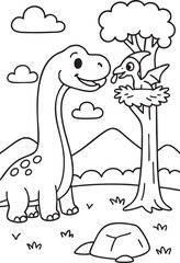 Fototapeta premium Cute Cartoon Dinosaurs in Prehistoric Landscape for Coloring Book