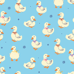 Fototapeta na wymiar Seamless pattern with cute white ducks with bows on their necks on a blue background. Vector graphics