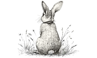 Vintage animal line art, monochrome engraving, rabbit sitting in meadow, rustic wildlife etching, hand-drawn fauna illustration, nature print for home decor, black sketch, old engraving style © Vintage studio