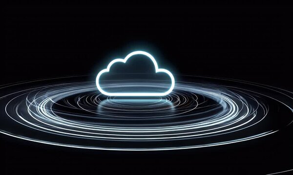 A glowing cloud icon surrounded by circular ripples on a black background, symbolizing the concept of cloud computing and data transfer between clouds,