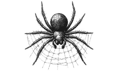 Vintage monochrome engraving of spider on web, hand-drawn arachnid line art, rustic nature fauna print, detailed wildlife illustration, old engraving style, vintage insect etching, trendy animal