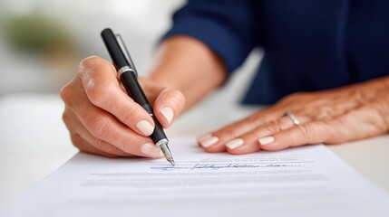 A close-up of a person's hand signing a document with a pen, symbolizing professionalism, commitment, and important decisions in the business environment.