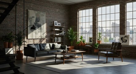 Living Room Interior with Modern Furniture and Brick Wall