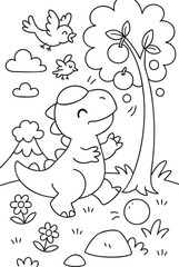Cute Cartoon Dinosaurs in Prehistoric Landscape for Coloring Book