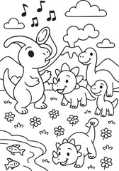 Obraz premium Cute Cartoon Dinosaurs in Prehistoric Landscape for Coloring Book