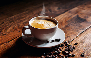 Coffee cup and coffee beans on wooden table, Espresso Crema coffee cup aromatic