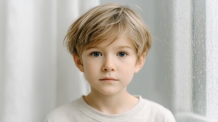 Fototapeta premium A close-up portrait of a young boy with tousled blonde hair, displaying a thoughtful expression against a softly blurred background, evoking a sense of innocence and curiosity.