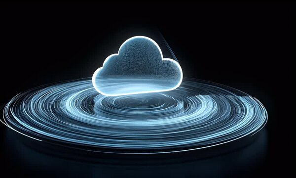 A glowing cloud icon surrounded by circular ripples on a black background, symbolizing the concept of cloud computing and data transfer between clouds,