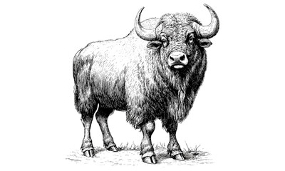 Musk Ox Standing Calmly, Vintage Natural Illustration, Traditional Engraving Style Line Drawing, Monochrome Fur Texture Sketch, Northern Wildlife Art, Rustic Wall Print