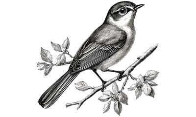 Vintage bird line art, hand-drawn nightingale perched, scientific ornithological engraving, monochrome nature drawing, rustic animal print, black sketch, vintage wall decor, trendy illustration