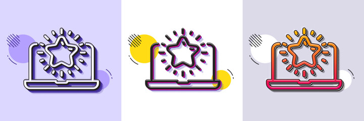Best laptop line icon. Halftone dotted pattern. Gradient icon with grain shadow. Notebook with star sign. Computer top review symbol. Line best laptop icon. Various designs. Vector