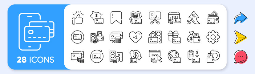 Obraz premium Credit card line icons. Interest rate, AI generate, Inflation icons. Payment card terminal, bankrupt and contactless pay set. Bank atm exchange, cut credit card and CVV code line icons. Vector
