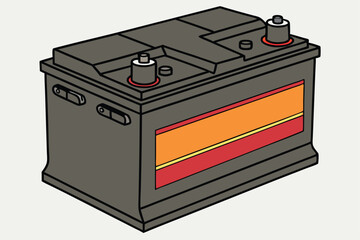 76 a dark metal battery with bright orange and red bands, sleek industrial design, high contrast, sharp details, 3d render