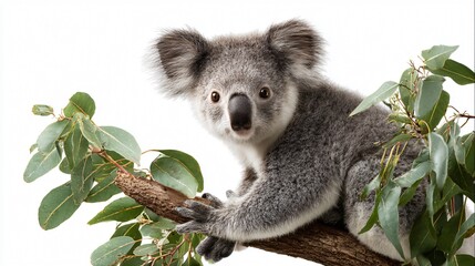 Naklejka premium Majestic Koala Perched Eucalyptus Tree Branch White Background