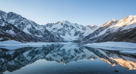 A serene glacier lake surrounded by snowy peaks natural and tranquil vibe