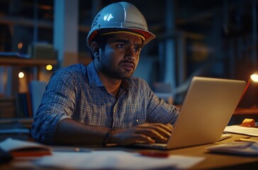 An Indian construction worker wearing a safety helmet, sitting at a desk in an office