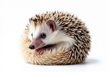 Obraz premium Tiny hedgehog curled in a ball, isolated on pure white background, minimalist, mammal
