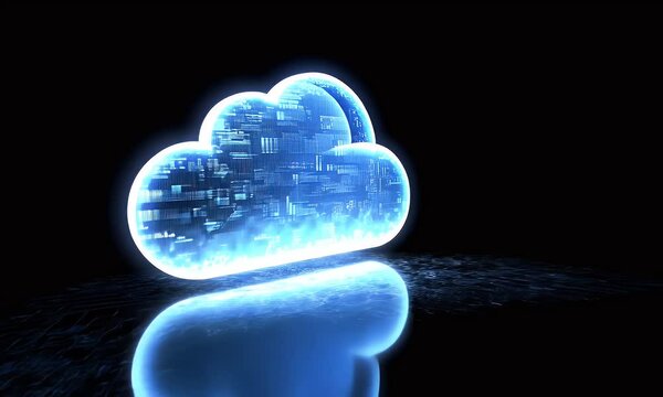 A glowing cloud icon surrounded by circular ripples on a black background, symbolizing the concept of cloud computing and data transfer between clouds,