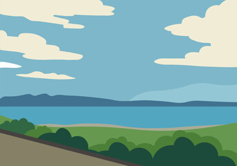 Obraz premium Flat Nature Background with Ocean, Hills, and Sky.