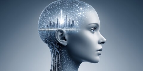 A futuristic digital environment showing human development enhanced by AI coaching