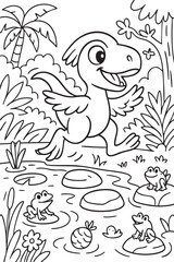 Cute Cartoon Dinosaurs in Prehistoric Landscape for Coloring Book