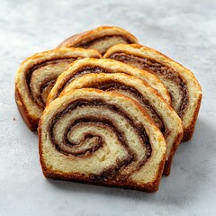Fototapeta premium Sliced Swirl Bread Loaf with Filling on Textured Tabletop Freshly Baked Sweet
