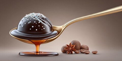 A hyper realistic close-up of a spoon scooping a glossy sundae with melting chocolate