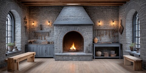 A historical blacksmith shop in operation with sparks flying and tools on the wall