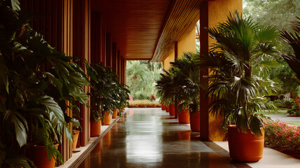 Fototapeta premium An elegant walkway lined with potted plants creates a tranquil indoor outdoor transition space