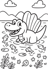 Fototapeta premium Cute Cartoon Dinosaurs in Prehistoric Landscape for Coloring Book