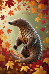 Obraz premium Autumn Wildlife Concept Featuring Pangolin and Natural Tree Textures – Premium Visual for Conservation and Animal Protection Themes