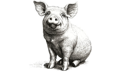 Hand-etched pig drawing, vintage farm animal sketch, rustic wildlife wall decor, monochrome pig illustration, calm sitting pig, old engraving style art, farmhouse illustration