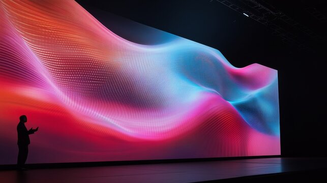 pharmaceutical CEO on stage at industry event, delivering keynote with futuristic tech visuals, spotlight,