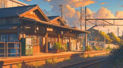 A stunning image of beautiful japanese village city town in the morning. railway station with shop. anime comics artstyle. cozy lofi asian architecture.